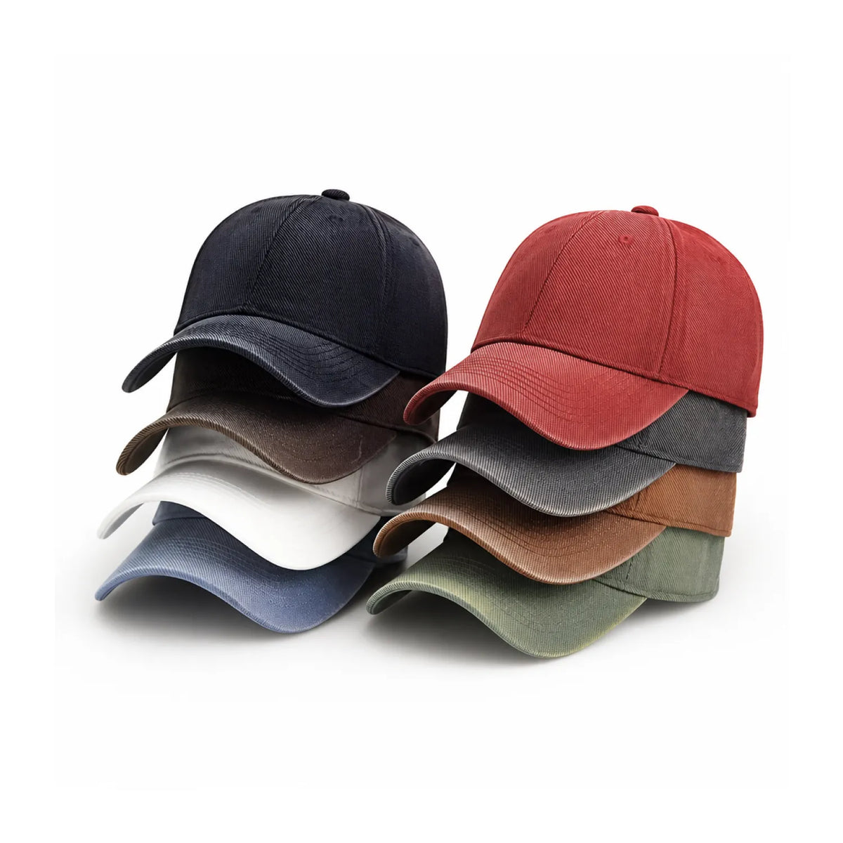Eight retro style cotton caps stacked in two pairs on a white background, showing the classic six-panel curved brim design in washed black, dark brown, off white, haste blue, rust red, dark grey, ash brown and sage green.