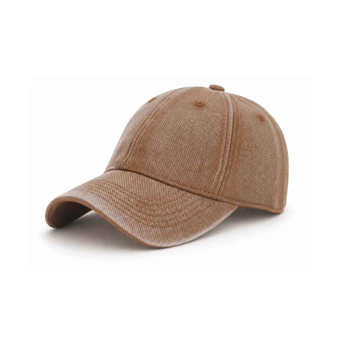 A classic six-panel cotton cap in a washed, ash brown, shown from a three-quarters angle on a clean white background.