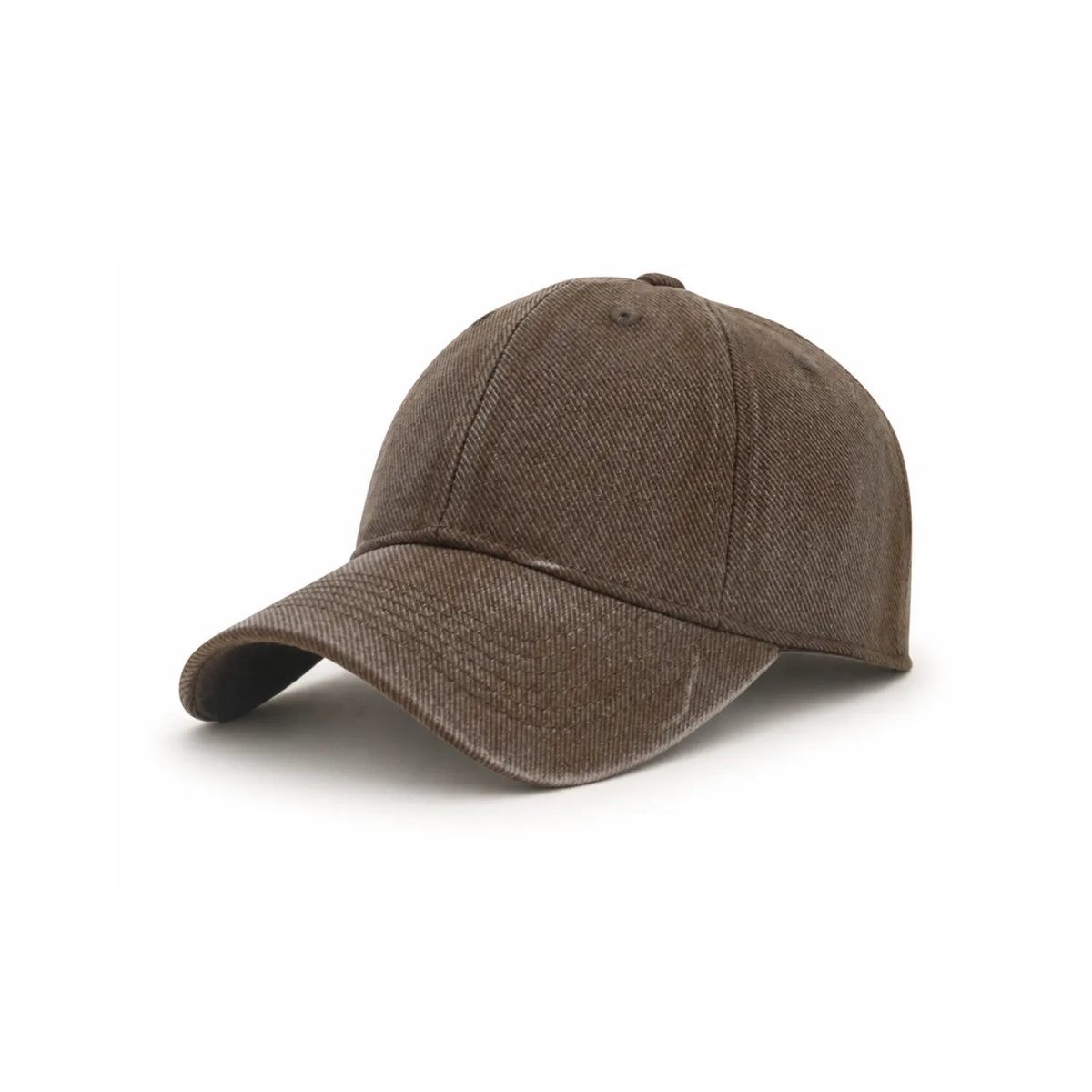 A classic six-panel cap in a washed, distressed dark brown fabric, shown from a three-quarters angle on a plain white background.