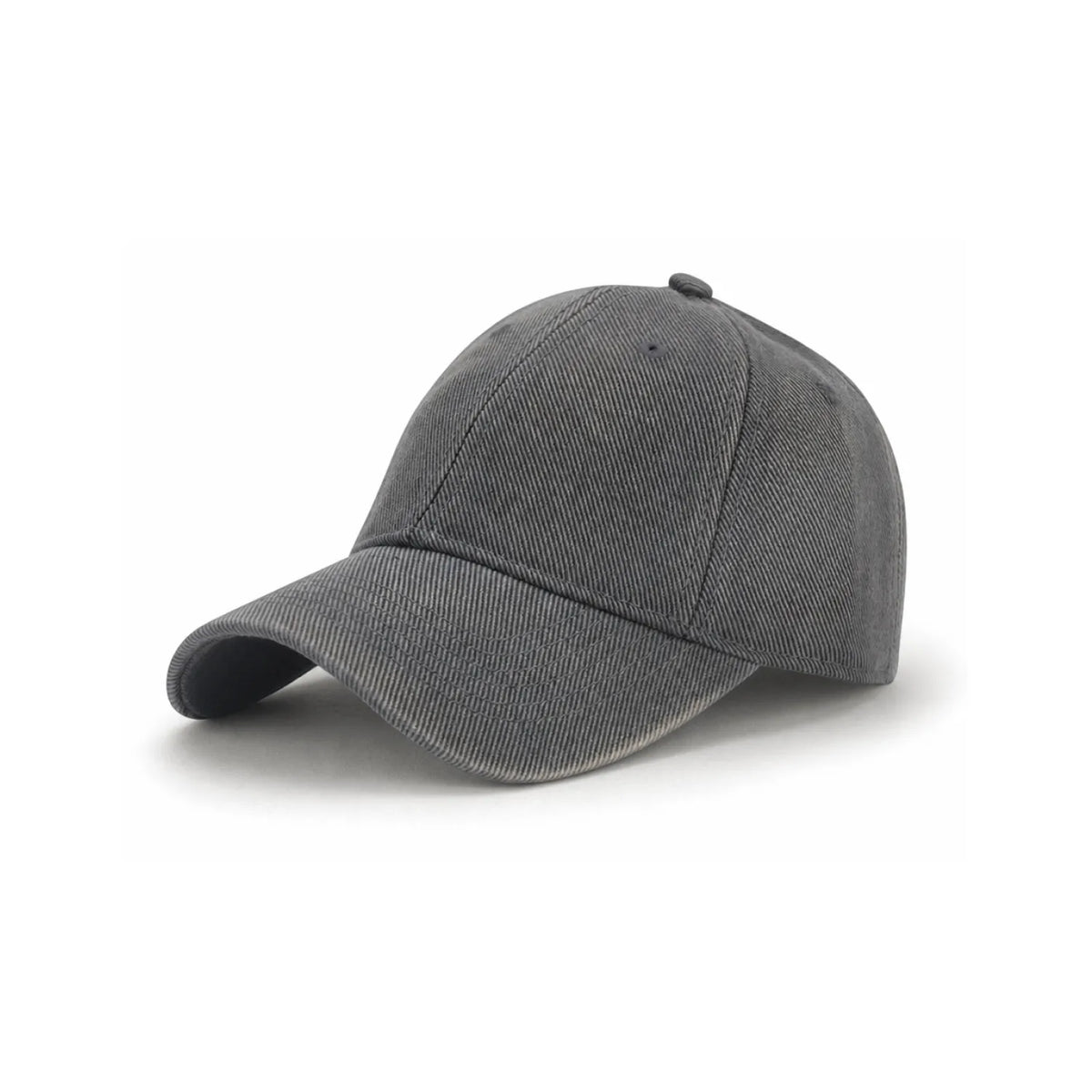 A classic six-panel cap in a washed, retro style dark grey fabric, shown from a three-quarters angle on a clean white background.