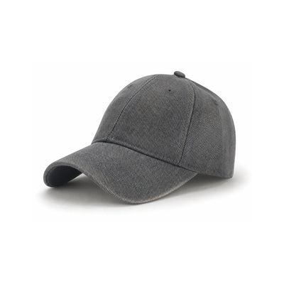 A classic six-panel cap in a washed, retro style dark grey fabric, shown from a three-quarters angle on a clean white background.
