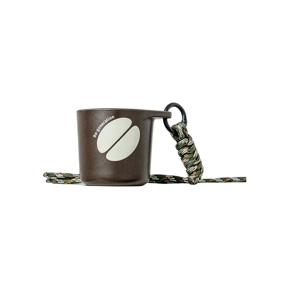 Dark brown water drop recycled coffee grounds tasting cup printed with a cream coffee bean motif and Re-generation wordmark, camouflage braided lanyard, sample branding example