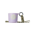 Misty lavender water drop recycled coffee grounds tasting cup printed with a cream coffee bean motif and Re-generation wordmark, camouflage braided lanyard, sample branding example