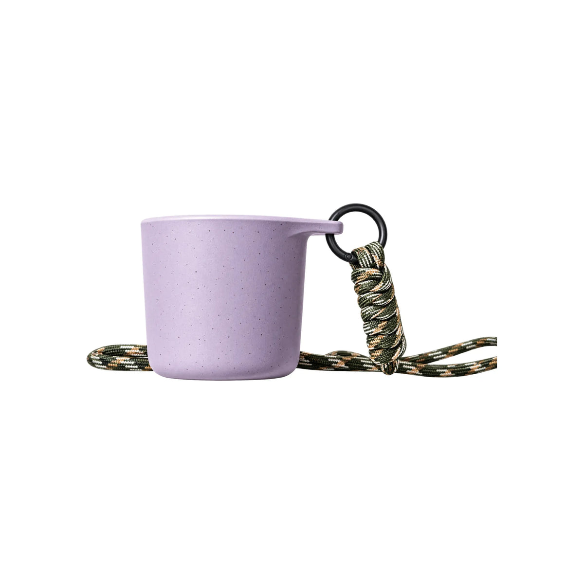 Misty lavender water drop recycled coffee grounds tasting cup on a white background with a camouflage braided lanyard, speckled finish, no branding applied