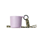 Misty lavender water drop recycled coffee grounds tasting cup on a white background with a camouflage braided lanyard, speckled finish, no branding applied