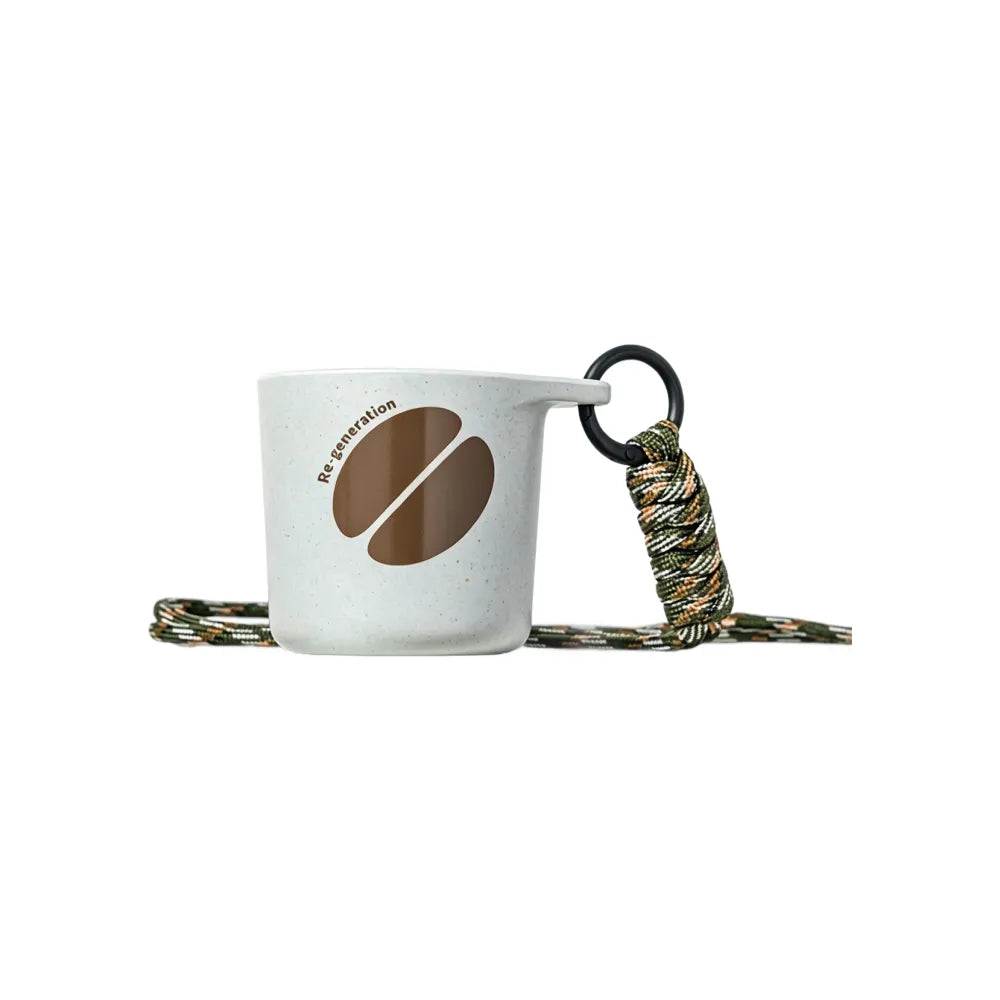White water drop recycled coffee grounds tasting cup printed with a brown coffee bean motif and Re-generation wordmark, camouflage braided lanyard, sample branding example