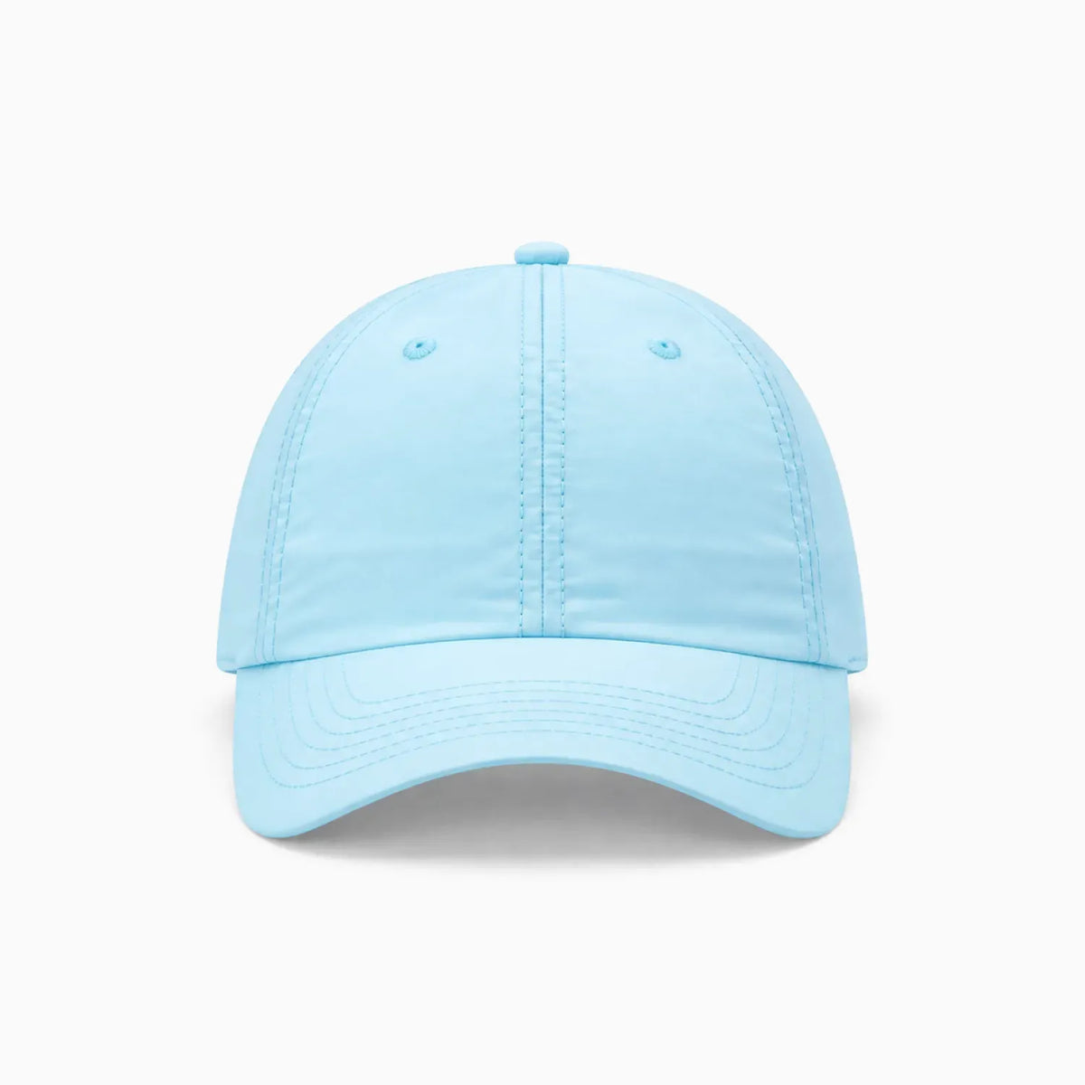 A soft blue waterproof lightweight nylon cap with a curved brim, photographed from a front view angle on a clean background.