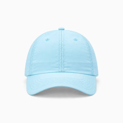 A soft blue waterproof lightweight nylon cap with a curved brim, photographed from a front view angle on a clean background.