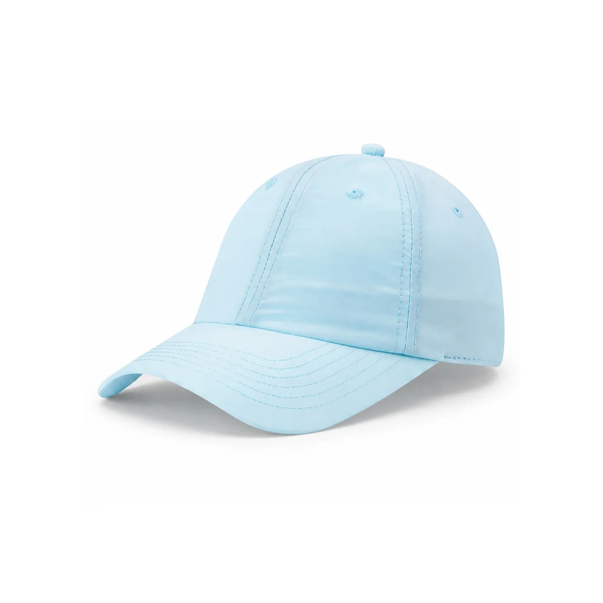 A soft blue waterproof lightweight nylon cap with a curved brim, photographed from a three-quarters angle on a clean white background.