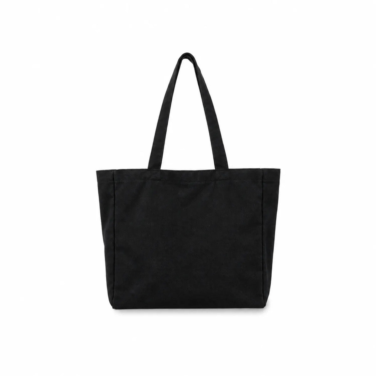 A black canvas tote bag with two shoulder straps, shown from the front against a plain white background.