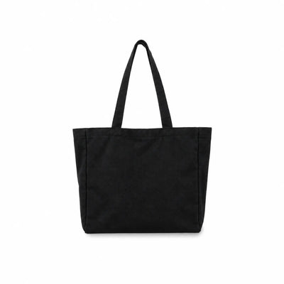 A black canvas tote bag with two shoulder straps, shown from the front against a plain white background.