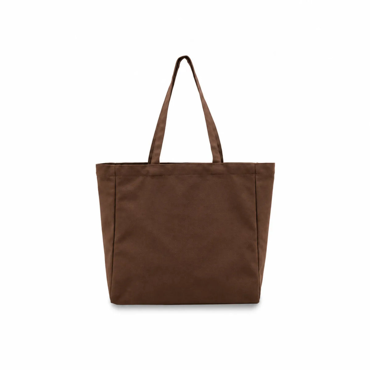 A dark brown canvas tote bag with two shoulder straps, shown from a front-facing perspective on a clean white background.