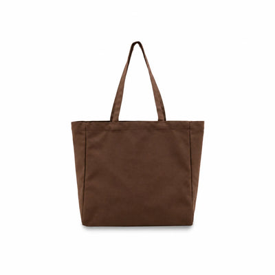A dark brown canvas tote bag with two shoulder straps, shown from a front-facing perspective on a clean white background.