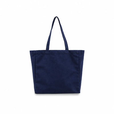 A navy blue canvas tote bag with two shoulder straps, shown against a plain white background.