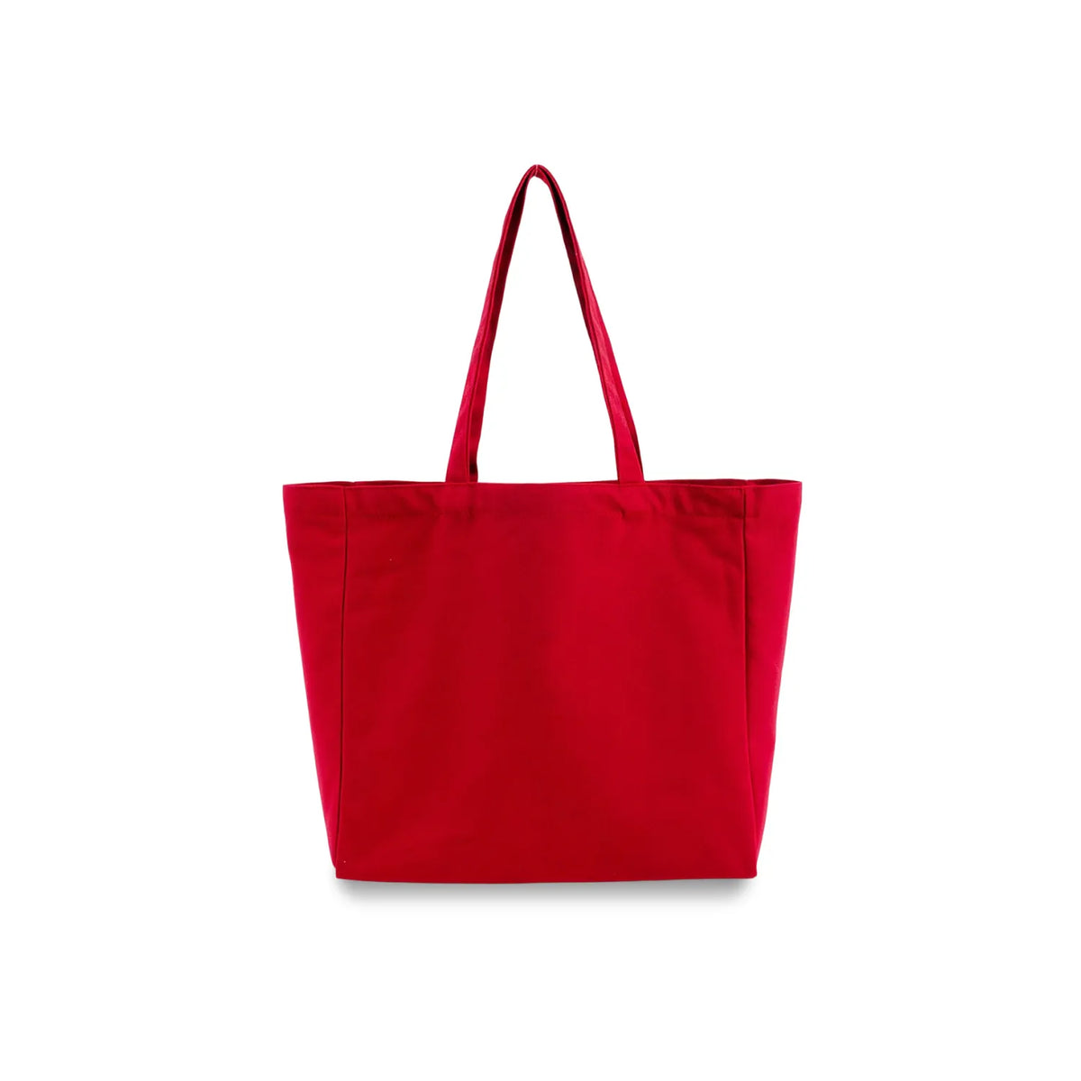 A bright red canvas tote bag with two top handles, photographed against a clean white background.