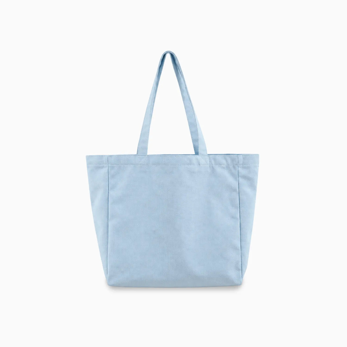 A soft blue canvas tote bag with two shoulder straps, shown against a plain white background.