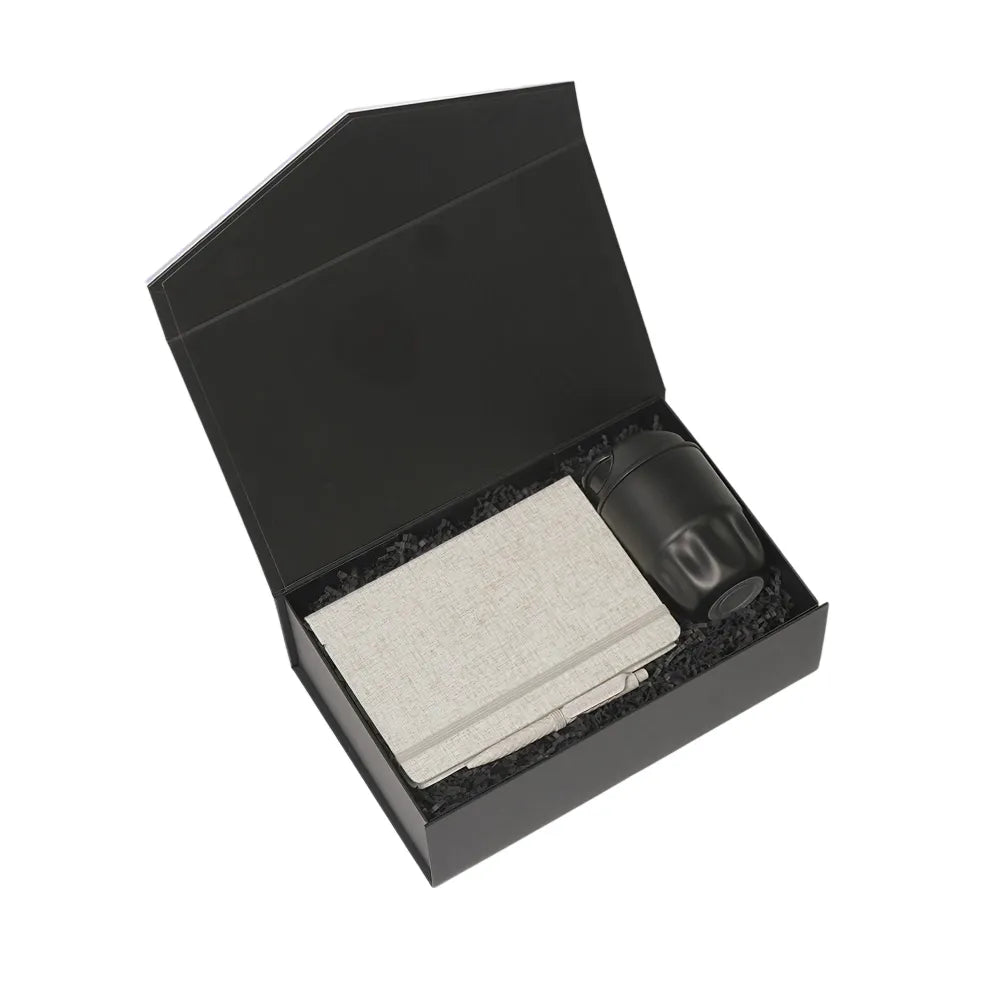 Black Workday Welcome Kit Starter with cotton notebook and steel coffee cup by Wumble Merch Australia