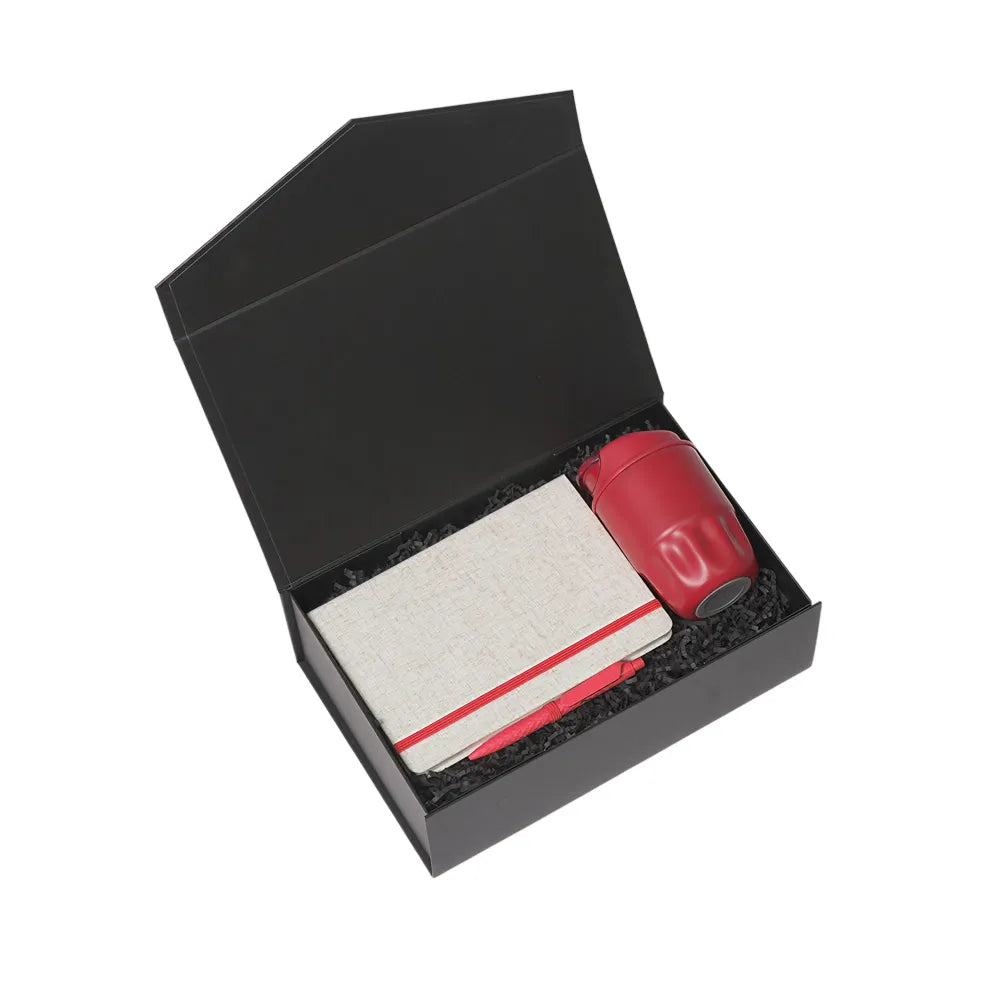 Workday Welcome Kit Starter in black magnetic gift box with cotton linen notebook and stainless steel coffee cup, corporate onboarding gift Australia by Wumble Merch